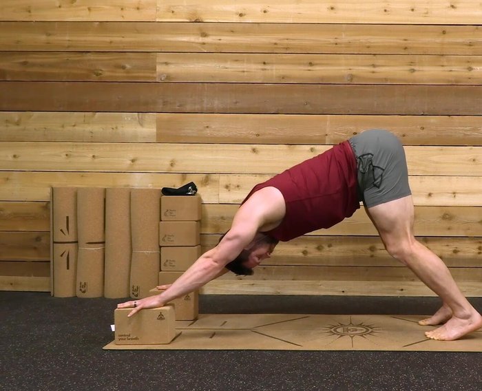Keep arms locked out, chest towards toes, and back flat.