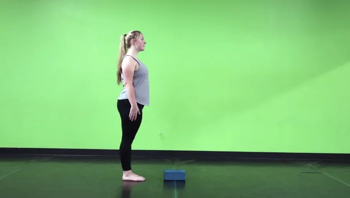 Step onto a yoga block with entire foot, come up to passe, straighten supporting leg.