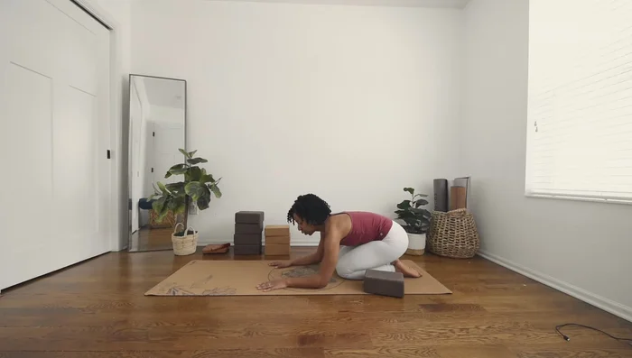 Grip the block and curl your toes, pressing into Dolphin Pose.