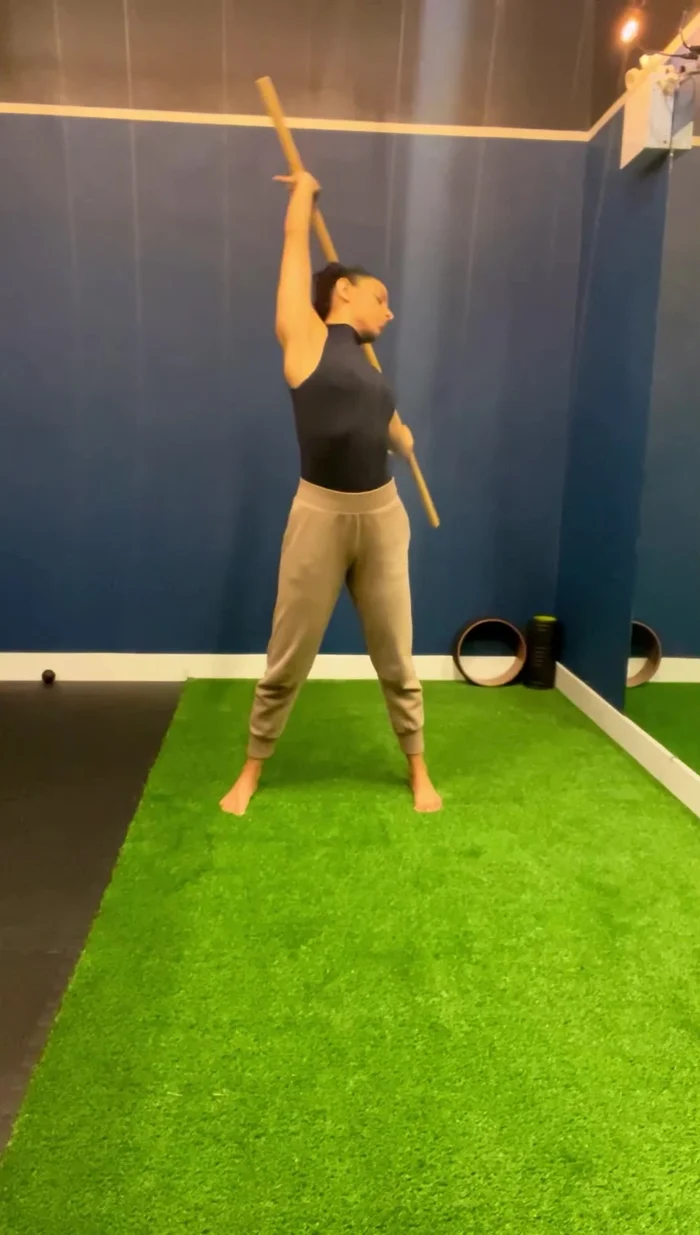 Feel the stretch through your lats, diaphragm, and rib cage. If you don't feel a stretch in your diaphragm or rib cage yet, that's fine. The body will open up gradually.