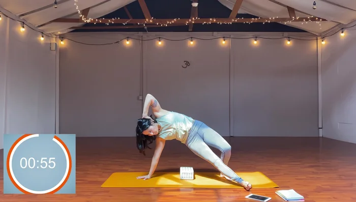 Side-lying, hip on block, extend leg, press into hand and top foot; hip thrust, leg toe tap.