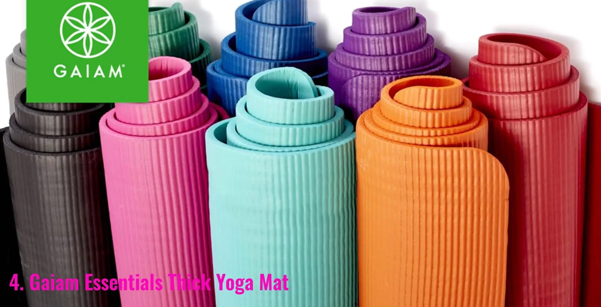 The Gaiam Essentials Thick Yoga Mat highlighting its thickness.