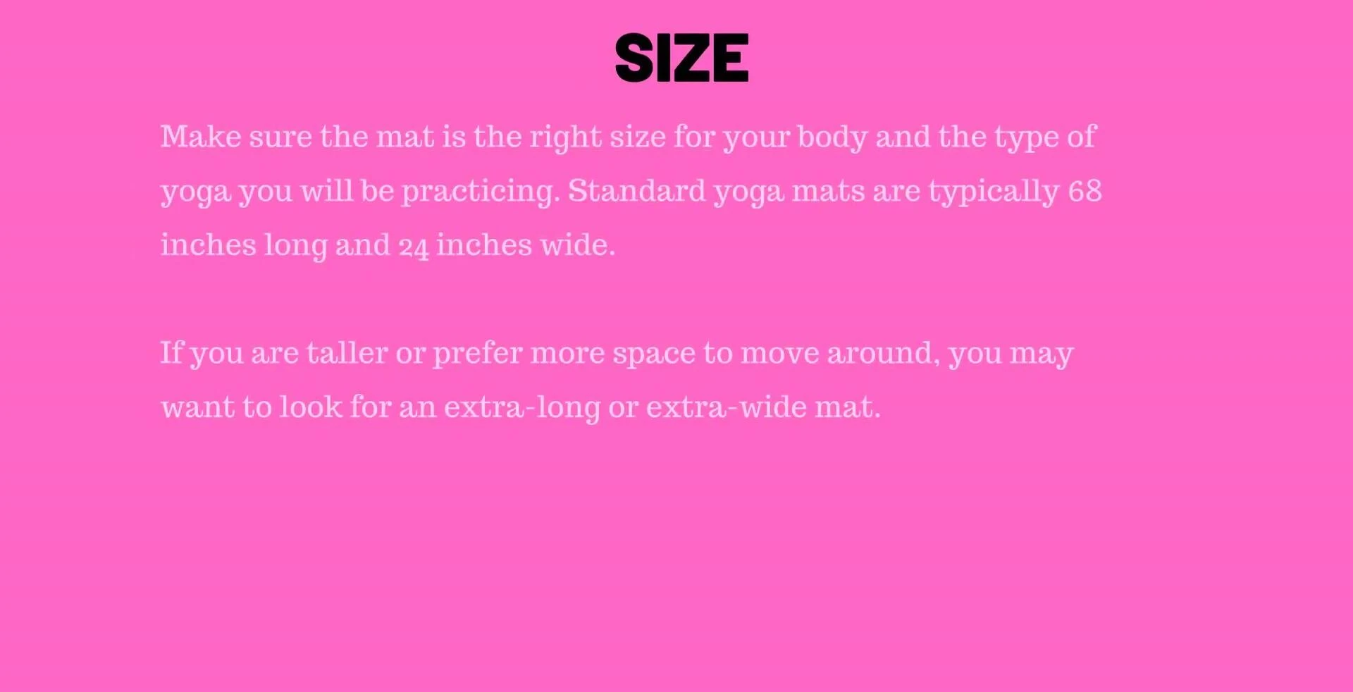 Different yoga mats with varying sizes shown.