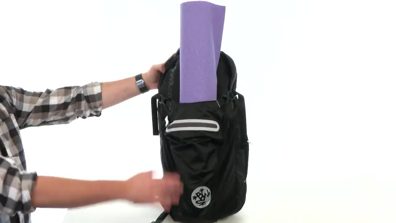 Close-up of the backpack showing the yoga mat carried vertically.
