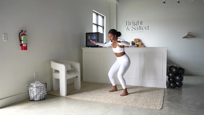 90/90 Stretch & Arm Open/Close (Right Leg): Repeat the 90/90 stretch and arm movements from step 7 on the right leg.