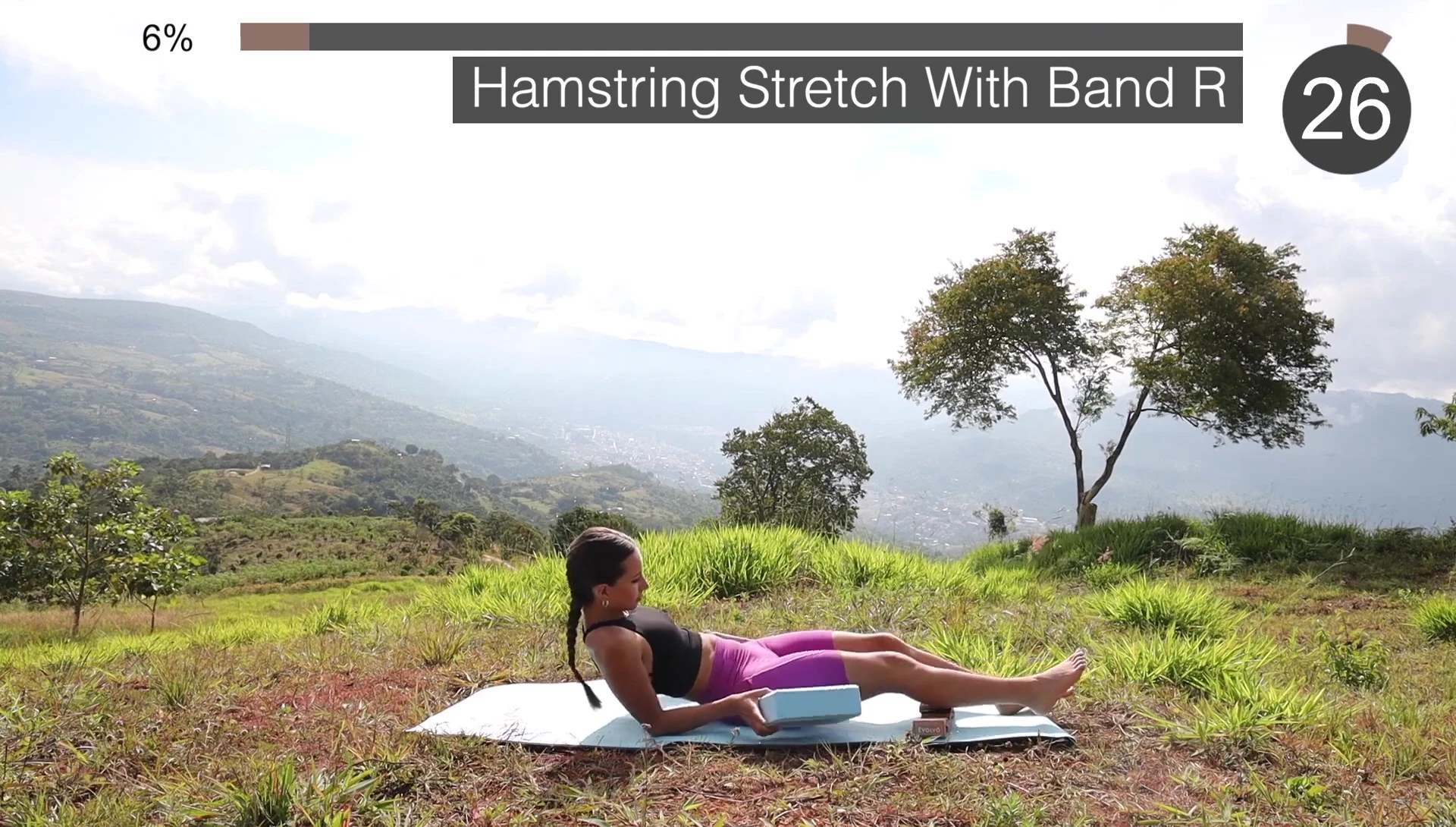 Close-up of using resistance band in hamstring stretch.