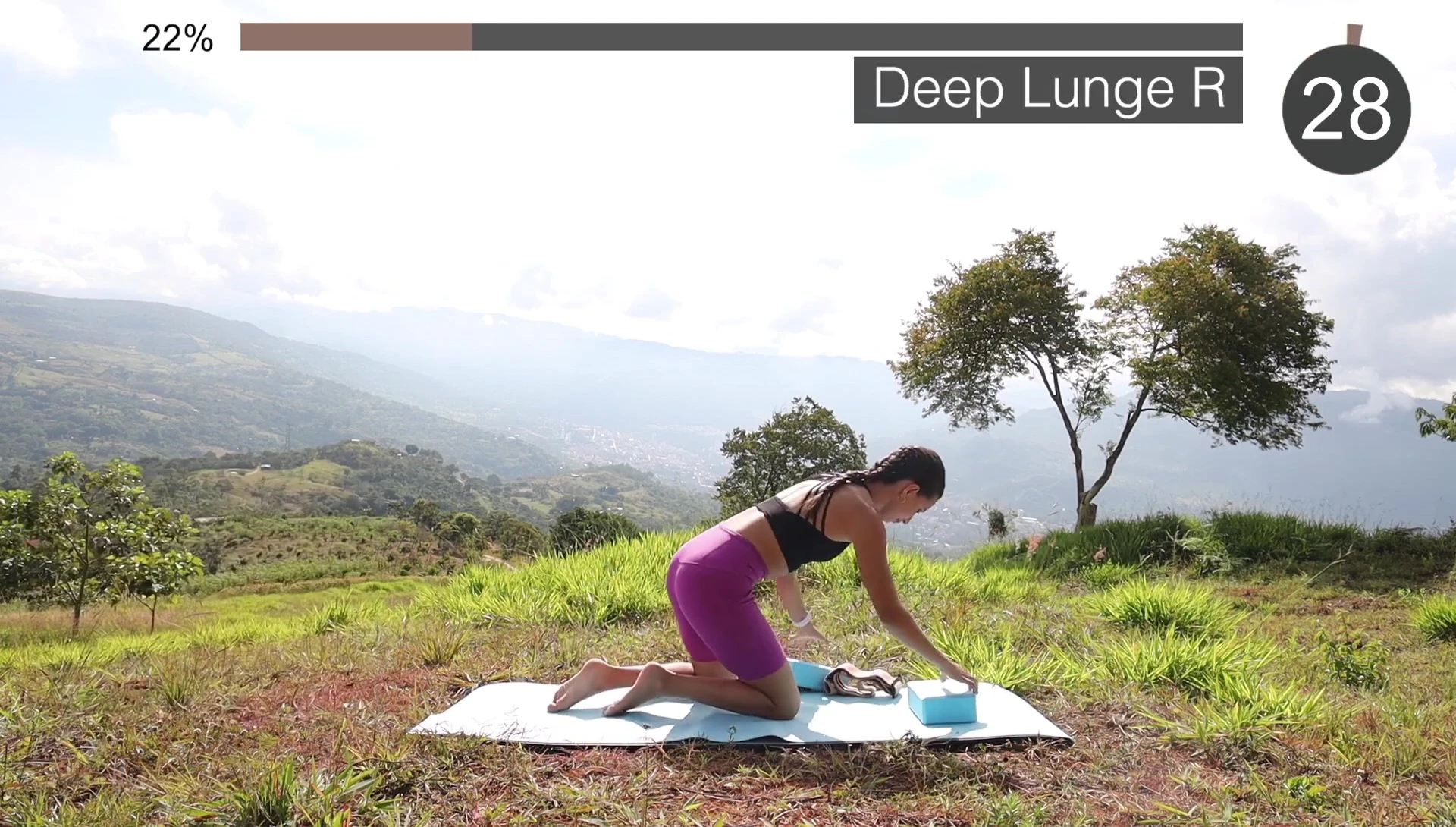 Deep lunge with blocks for support.