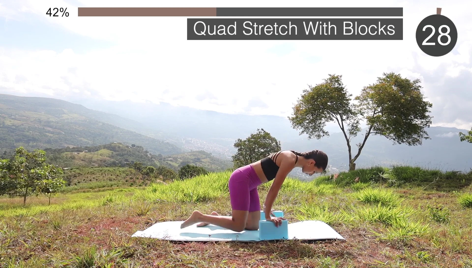 Quad stretch using blocks for support.