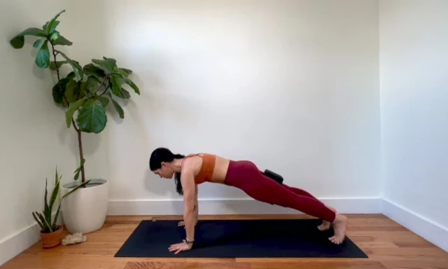 Woman in plank position, engaging core and glutes.
