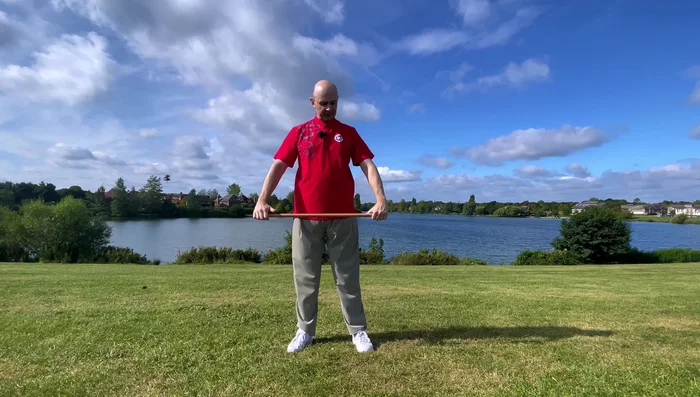 Head presses gently back into the S, up down, one, two, three, four, two, two, three, four