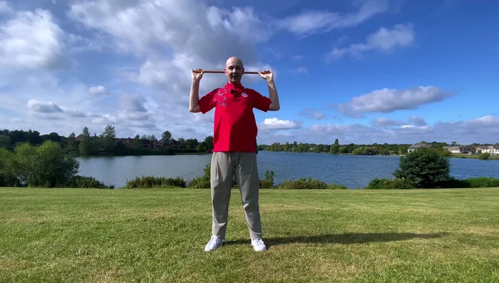 Head presses gently back into the S, up down, one, two, three, four, two, two, three, four