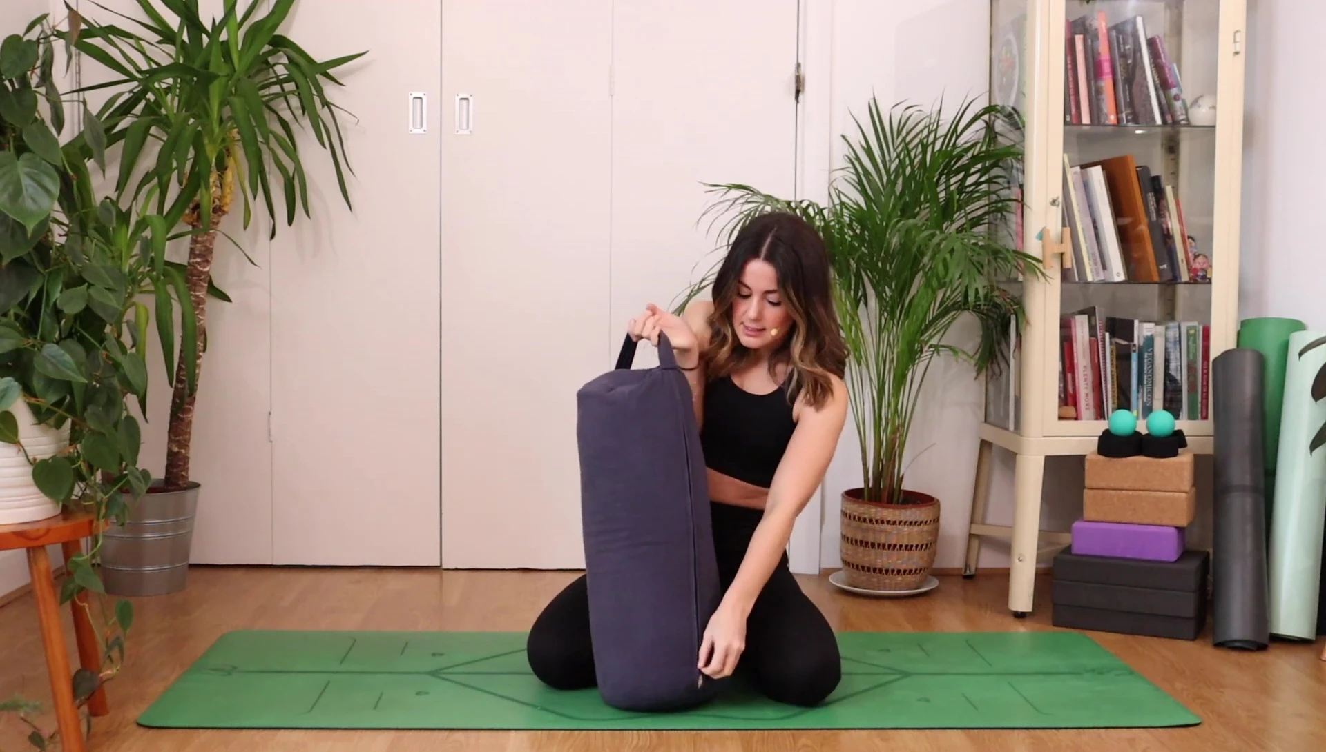 The speaker points out the zipper on the bolster cover.
