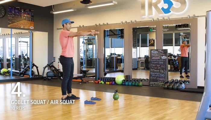 Goblet Squats or Air Squats: Perform 10 reps of either goblet squats (holding a weight) or air squats. Focus on keeping your body upright and pressing through your heels.