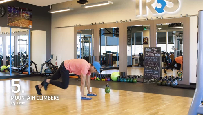 Mountain Climbers: Perform 30 mountain climbers, counting each leg movement as one repetition.