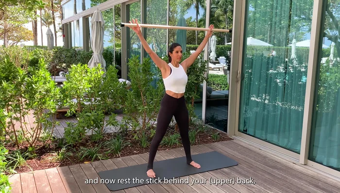 Rest the stick behind your back.